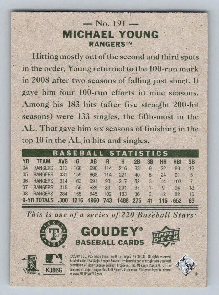 Baseball card back of 2009 Upper Deck Goudey #191 Michael Young Texas Rangers