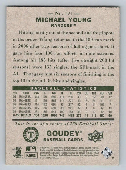 Baseball card back of 2009 Upper Deck Goudey #191 Michael Young Texas Rangers