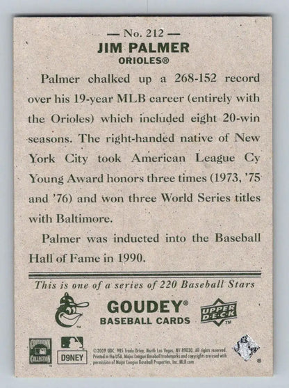 Baseball card back of 2009 Upper Deck Goudey #212 Jim Palmer Baltimore Orioles