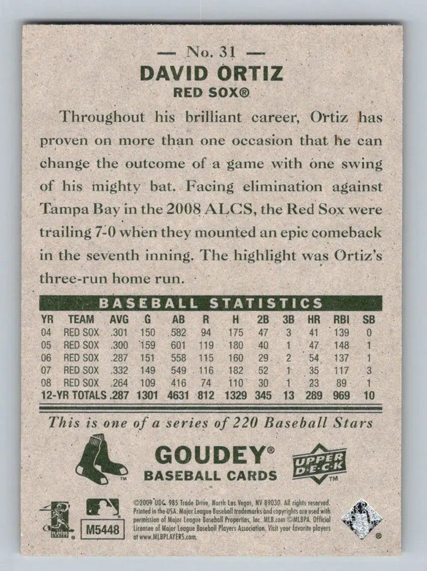 2009 Upper Deck Goudey #31 David Ortiz Boston Red Sox baseball card for collectors