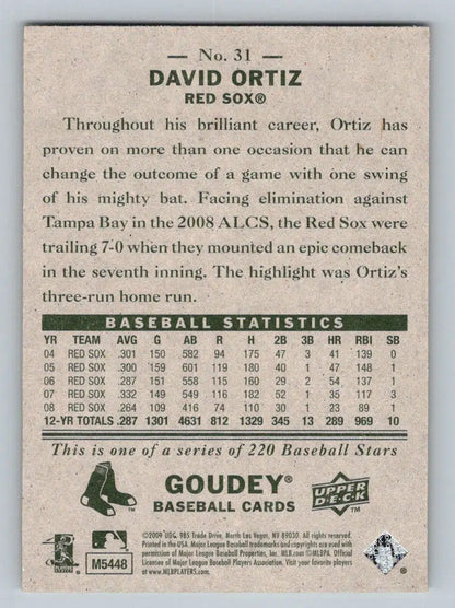 2009 Upper Deck Goudey #31 David Ortiz Boston Red Sox baseball card for collectors