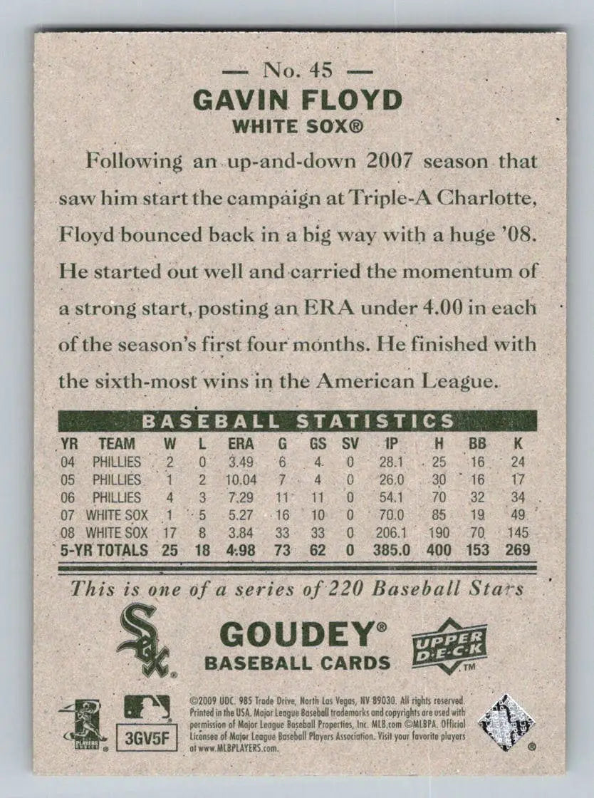 Gavin Floyd 2009 Upper Deck Goudey #45 baseball card for Chicago White Sox collectors