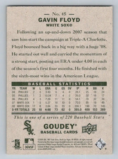 Gavin Floyd 2009 Upper Deck Goudey #45 baseball card for Chicago White Sox collectors