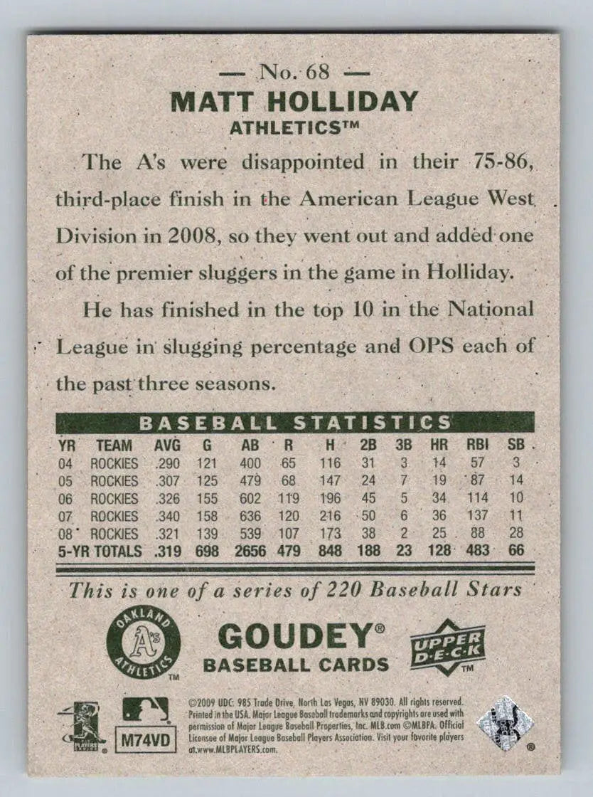 Matt Holliday 2009 Upper Deck Goudey #68 baseball card from Oakland Athletics