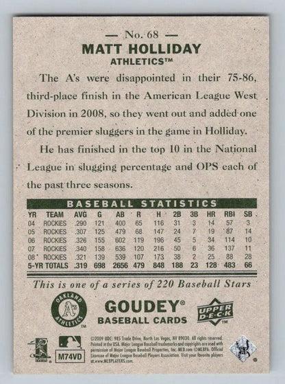 Matt Holliday 2009 Upper Deck Goudey #68 baseball card from Oakland Athletics