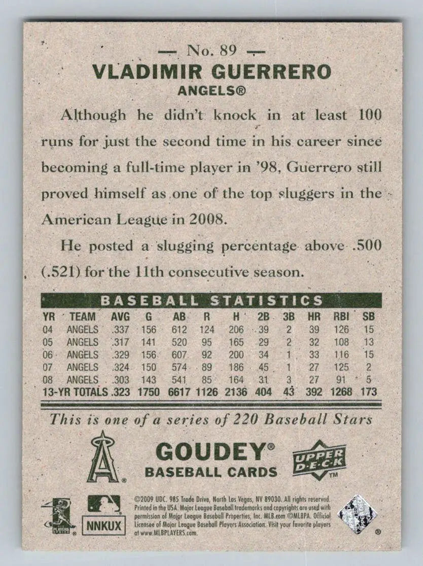 Back of 2009 Upper Deck Goudey #89 Vladimir Guerrero Los Angeles Angels baseball card