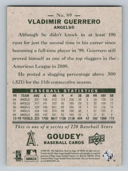 Back of 2009 Upper Deck Goudey #89 Vladimir Guerrero Los Angeles Angels baseball card