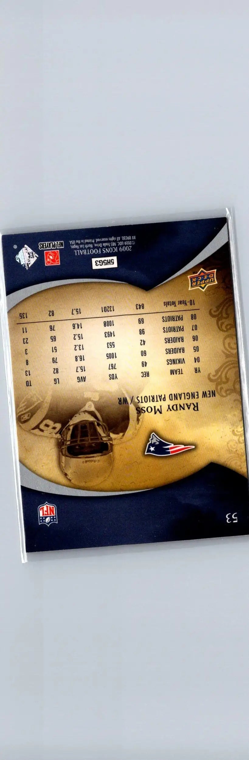 Back of 2009 Upper Deck Icons Randy Moss football card with career stats and Patriots logo