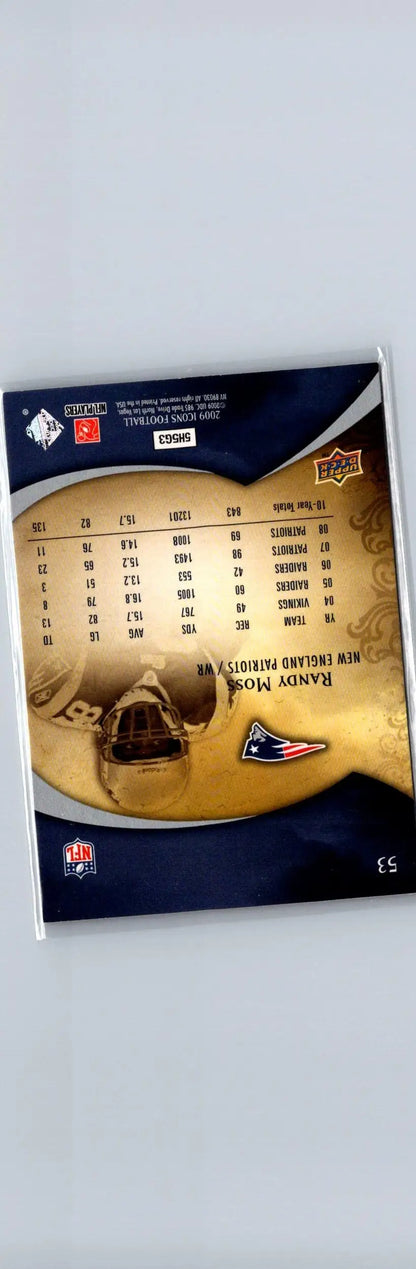 Back of 2009 Upper Deck Icons Randy Moss football card with career stats and Patriots logo