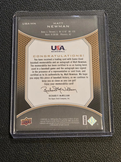 Back of a 2009 Upper Deck Signature Stars Matt Newman Jersey Auto trading card with memorabilia and autograph authentication