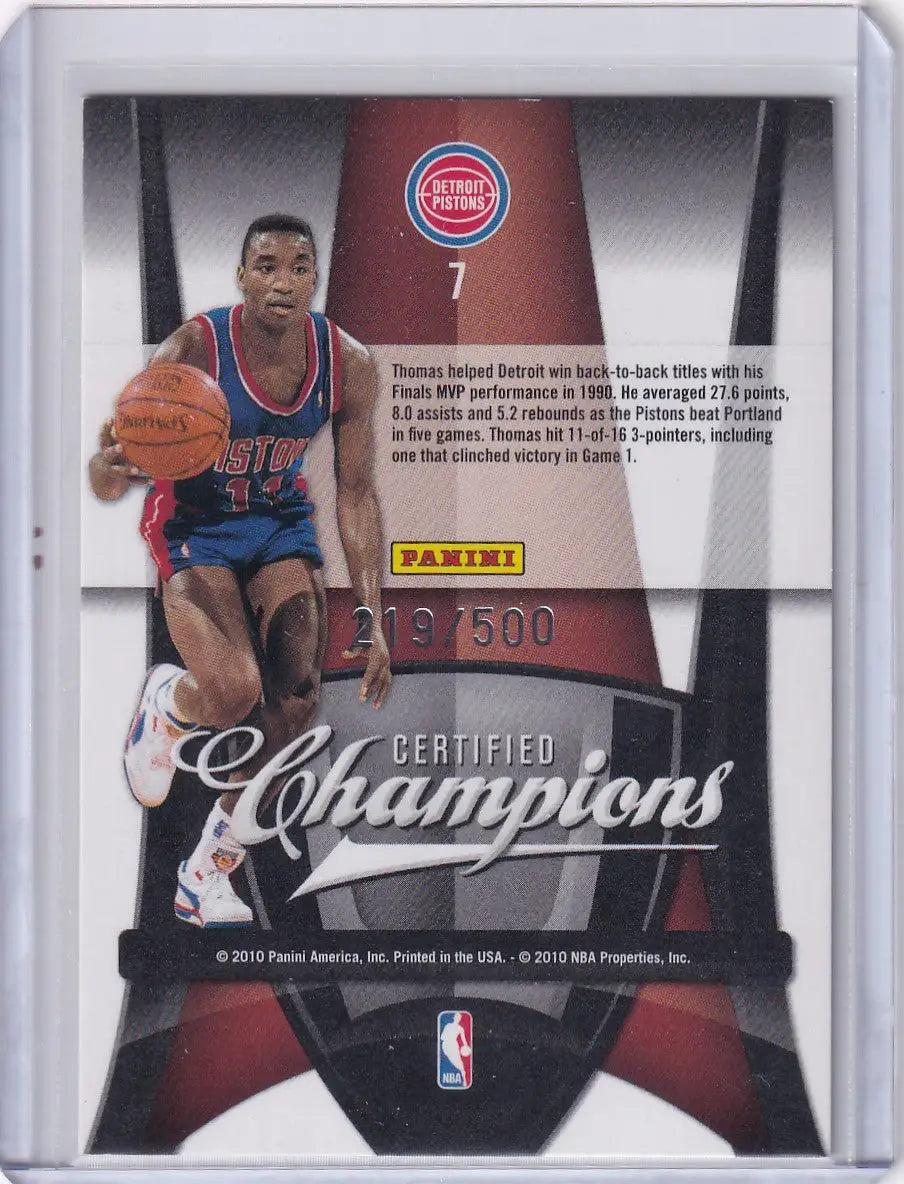 Back of Panini Certified Isiah Thomas Detroit Pistons trading card 219/500