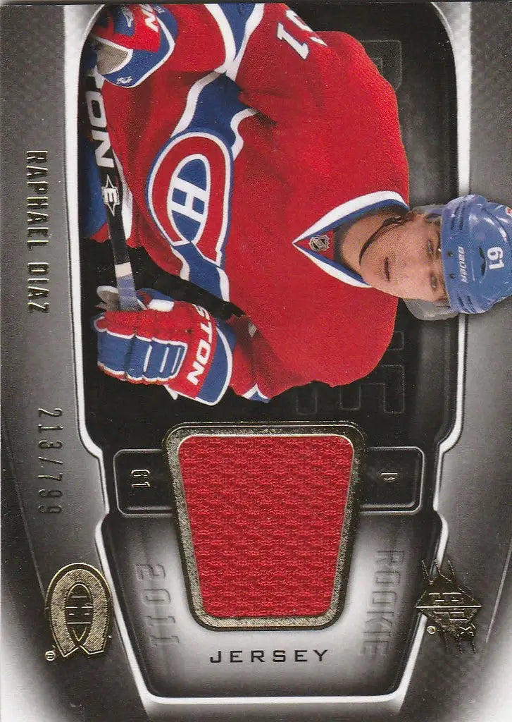 Hockey trading card of Raphael Diaz Montreal Canadiens with jersey patch from Upper Deck SPX