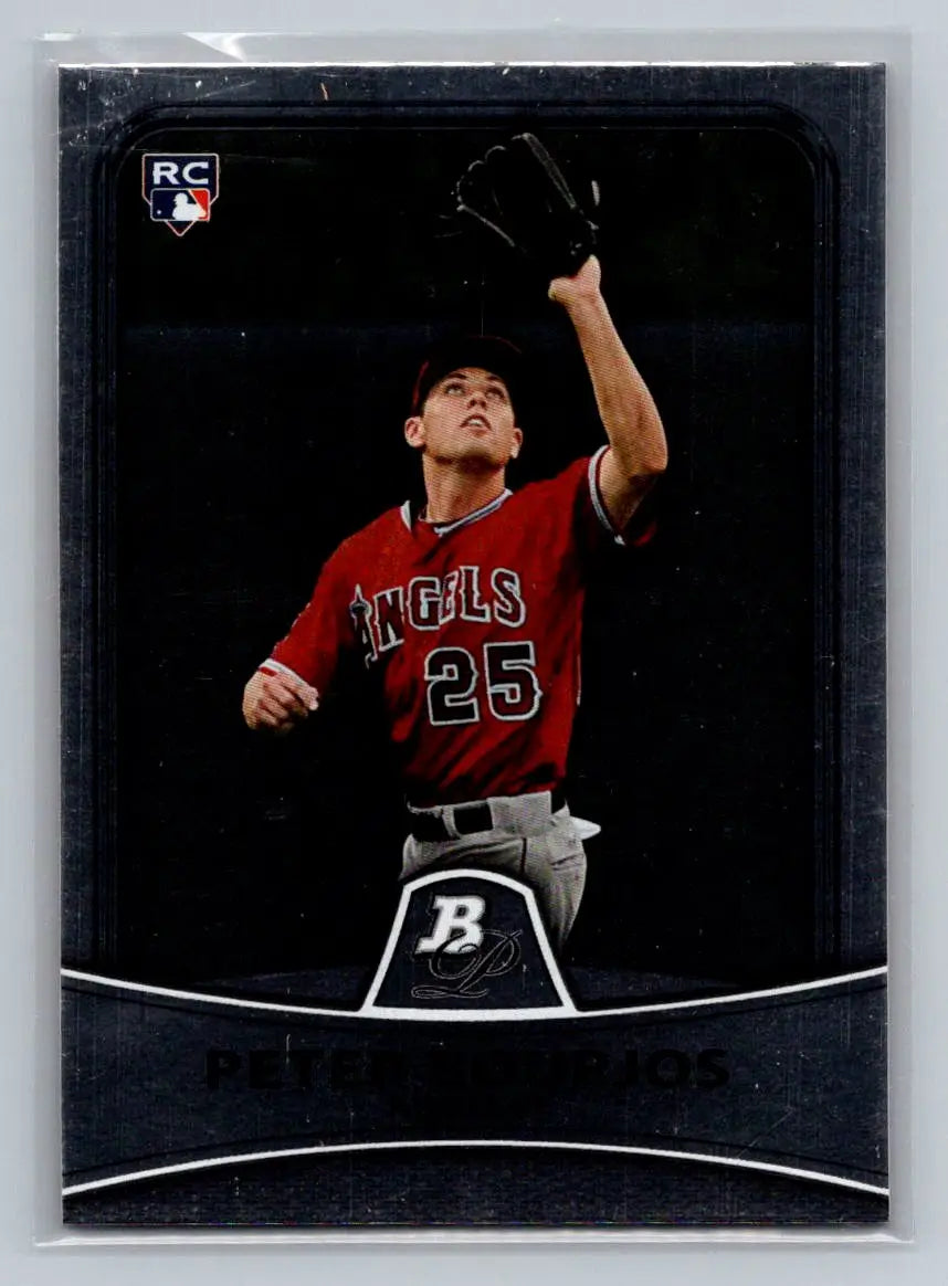 Baseball card of Peter Bourjos in red Angels jersey from Bowman Platinum series