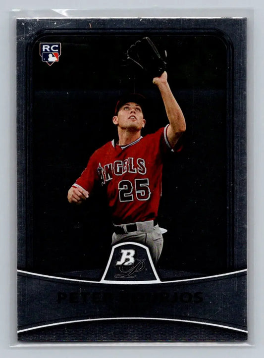 Baseball card of Peter Bourjos in red Angels jersey from Bowman Platinum series