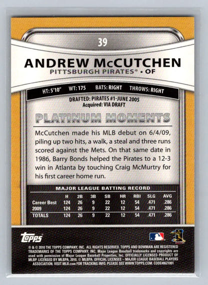 Andrew McCutchen baseball card back from 2010 Bowman Platinum for Pittsburgh Pirates