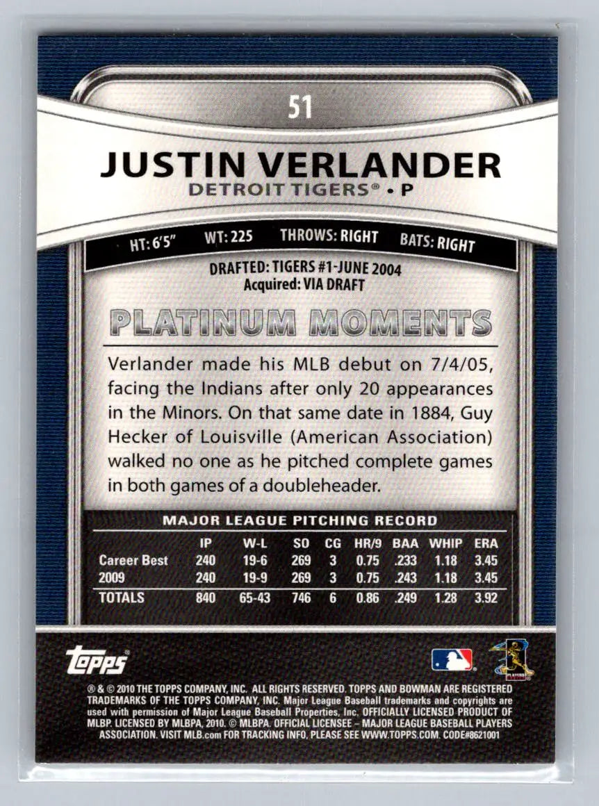 Justin Verlander 2010 Bowman Platinum #51 baseball card for Detroit Tigers fans