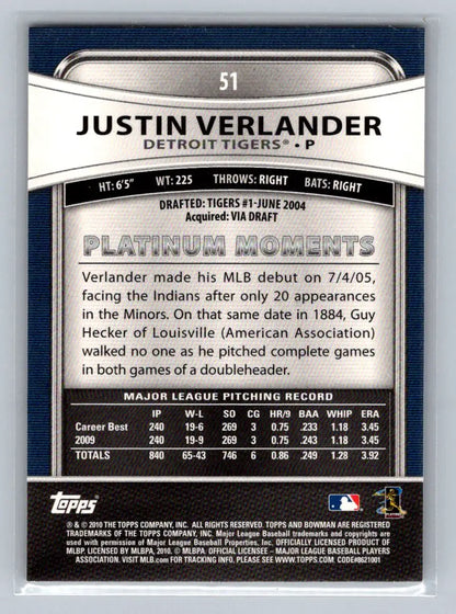 Justin Verlander 2010 Bowman Platinum #51 baseball card for Detroit Tigers fans