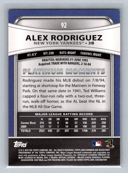 Alex Rodriguez 2010 Bowman Platinum #92 baseball card for New York Yankees fans