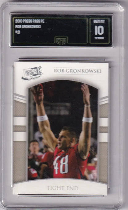 Graded Rob Gronkowski football card from Press Pass GMA 10 series featuring New England Patriots