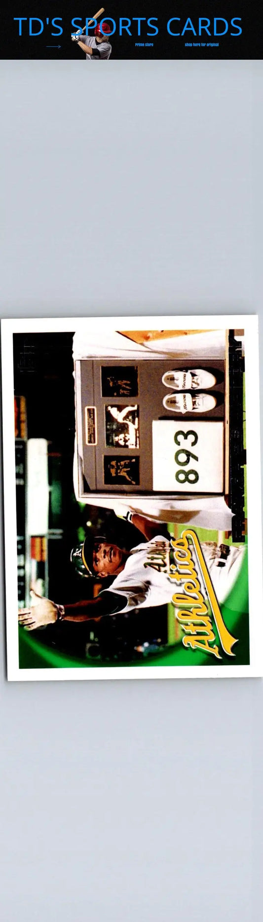 Baseball trading card featuring Athletics franchise history and player with bat
