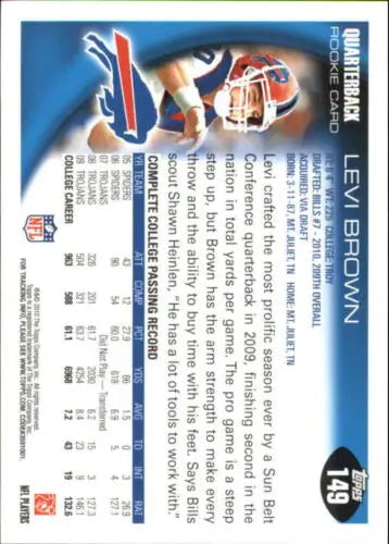 2010 Topps #149 Levi Brown NM-MT RC Rookie Bills card with original gloss finish