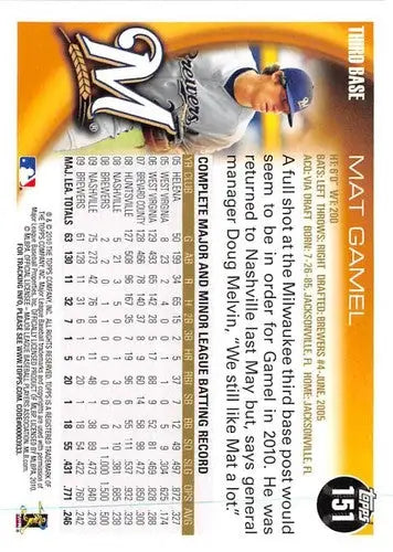 Original gloss baseball card of Mat Gamel NM-MT from 2010 Topps #151 Brewers