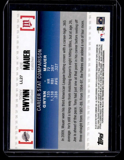 Back of 2010 Topps LL27 Tony Gwynn Joe Mauer baseball card with career statistics