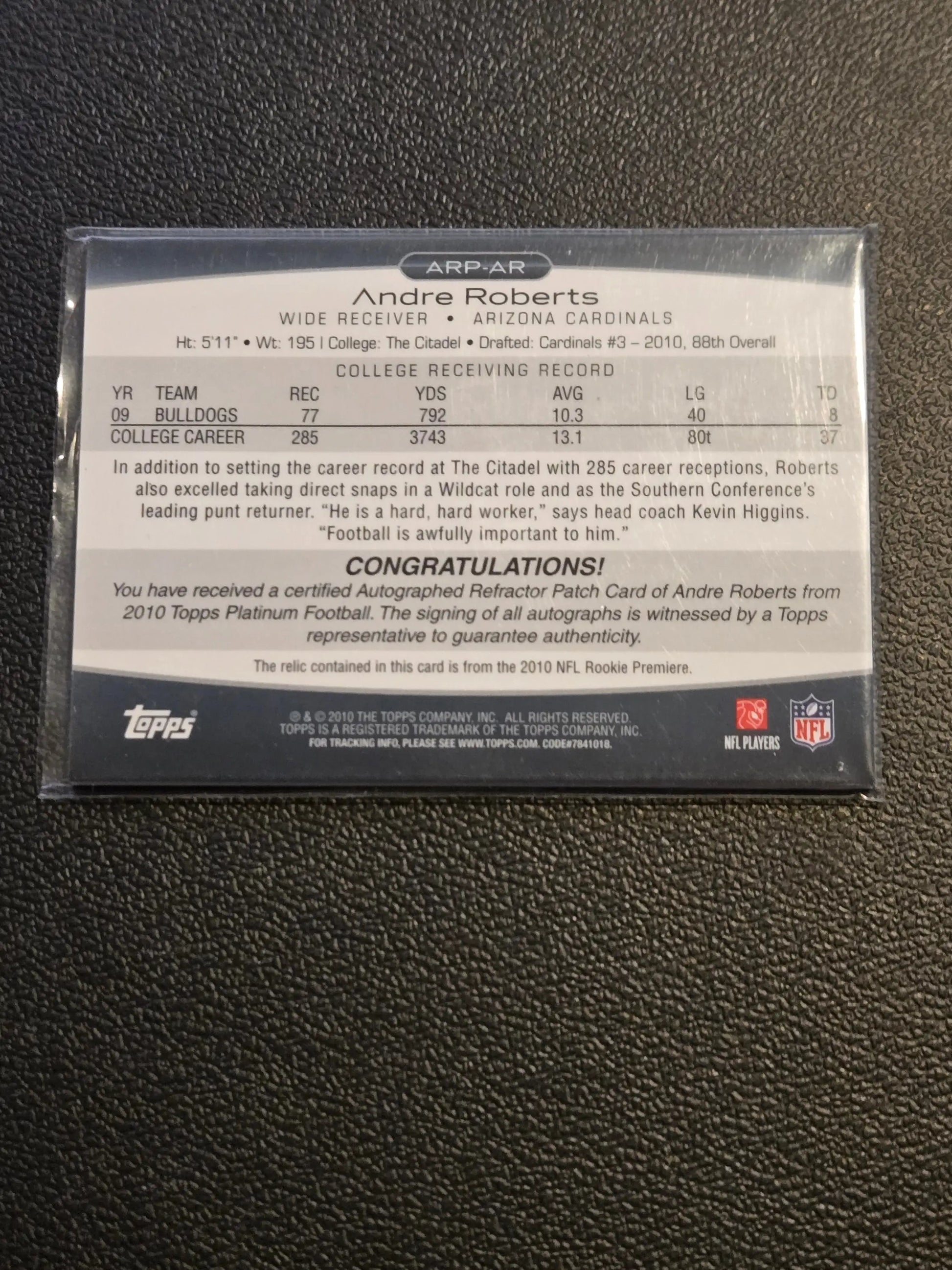 Collectible 2010 Topps Platinum Andre Roberts autographed patches football trading card