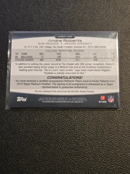 Collectible 2010 Topps Platinum Andre Roberts autographed patches football trading card