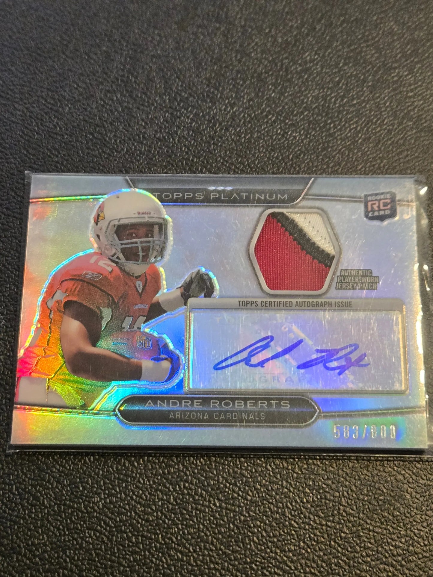 Holographic 2010 Topps Platinum Andre Roberts autographed trading card with jersey patch