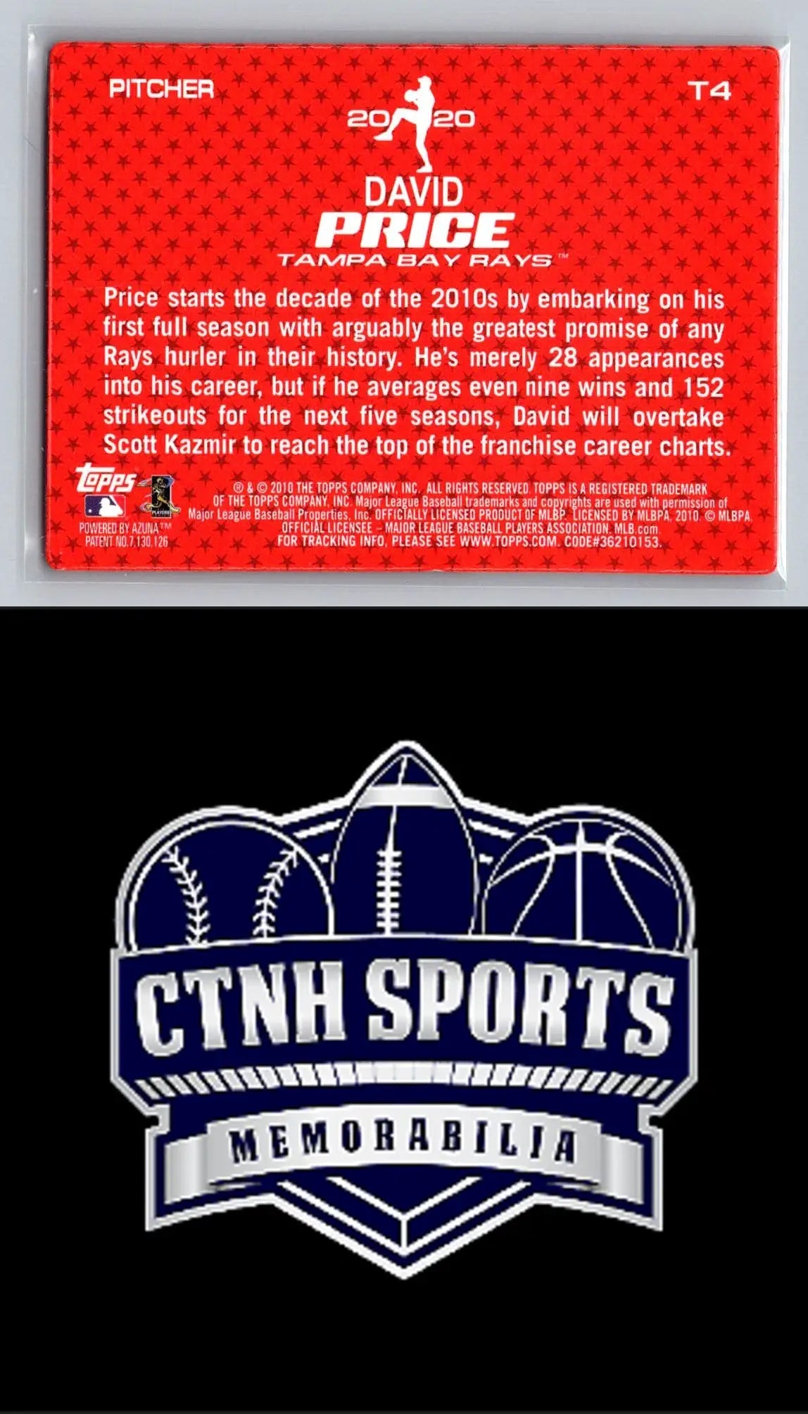 Back of 2010 Topps #T4 David Price baseball card for Tampa Bay Rays fans