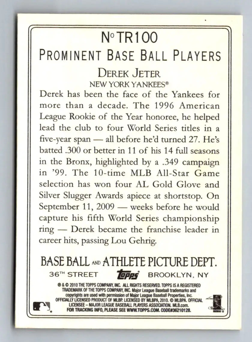 Back of 2010 Topps TR100 Derek Jeter Turkey Red baseball card showcasing stats