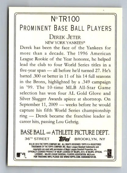 Back of 2010 Topps TR100 Derek Jeter Turkey Red baseball card showcasing stats