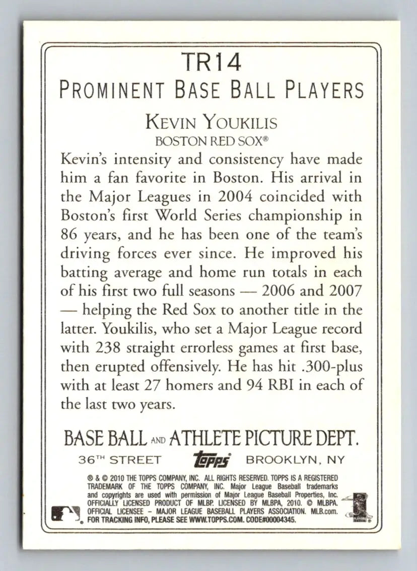 Back of 2010 Topps #TR14 Kevin Youkilis Turkey Red Boston Red Sox baseball card
