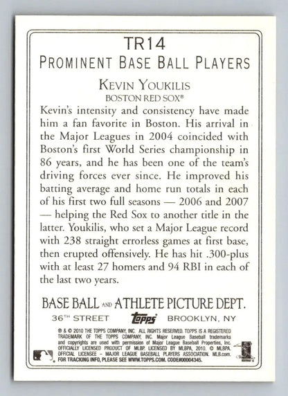 Back of 2010 Topps TR14 Kevin Youkilis Turkey Red Boston Red Sox baseball card