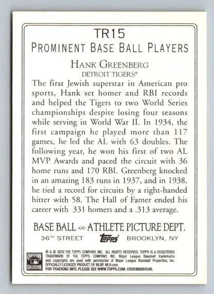 Back of 2010 Topps TR15 Hank Greenberg Turkey Red baseball card for Detroit Tigers fans