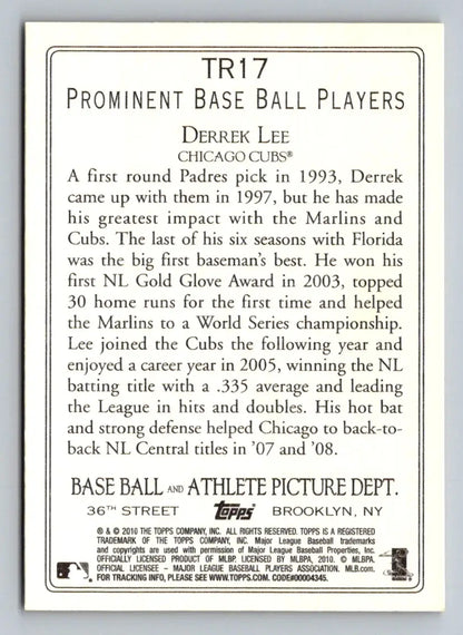 Back of 2010 Topps TR17 Derrek Lee Turkey Red baseball card for Chicago Cubs fans