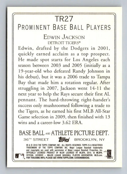 Baseball card back of 2010 Topps TR27 Edwin Jackson Turkey Red Detroit Tigers