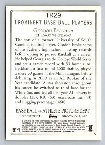 Back of 2010 Topps TR29 Gordon Beckham Turkey Red Chicago White Sox baseball card