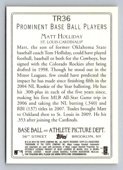 Baseball card back of 2010 Topps TR36 Matt Holliday Turkey Red St. Louis Cardinals