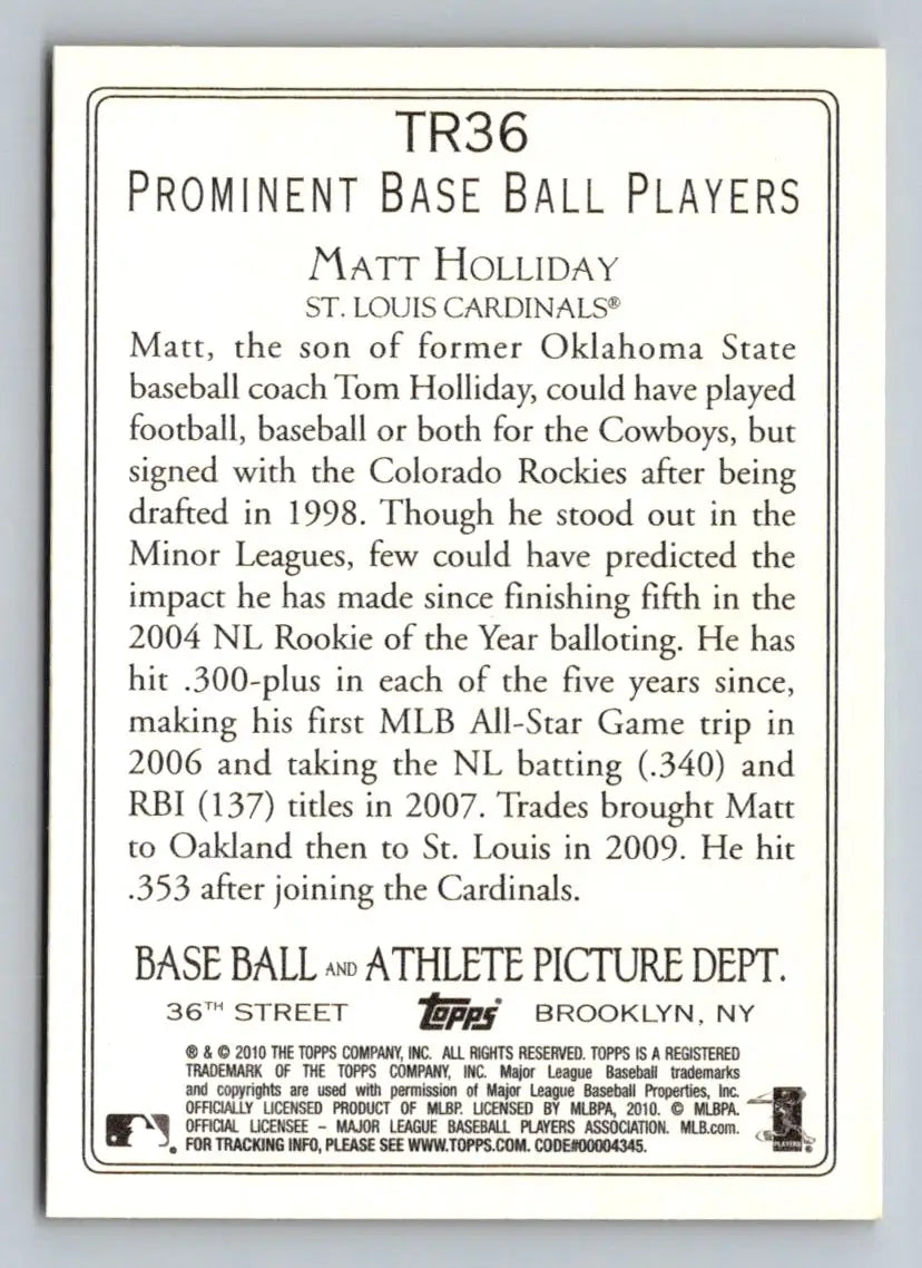 Matt Holliday Turkey Red baseball card from 2010 Topps #TR36 St. Louis Cardinals