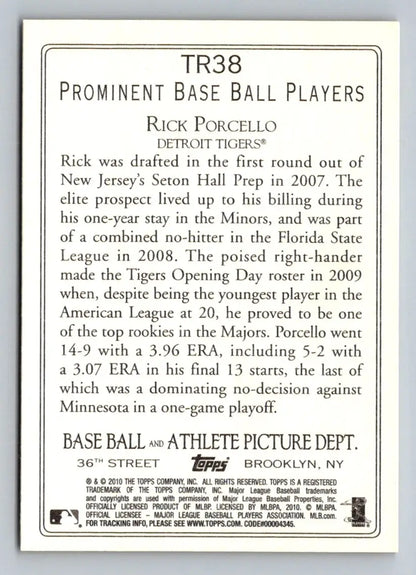 Back of 2010 Topps TR38 Rick Porcello Turkey Red baseball card featuring Detroit Tigers