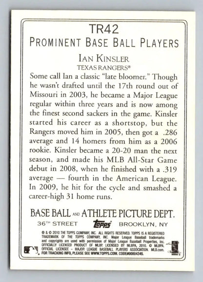 Back of 2010 Topps TR42 Ian Kinsler Turkey Red Texas Rangers baseball card
