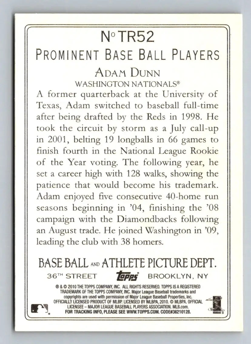 Back of 2010 Topps TR52 Adam Dunn Turkey Red baseball card featuring Washington Nationals