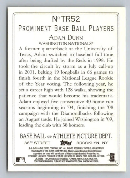 Back of 2010 Topps TR52 Adam Dunn Turkey Red baseball card featuring Washington Nationals