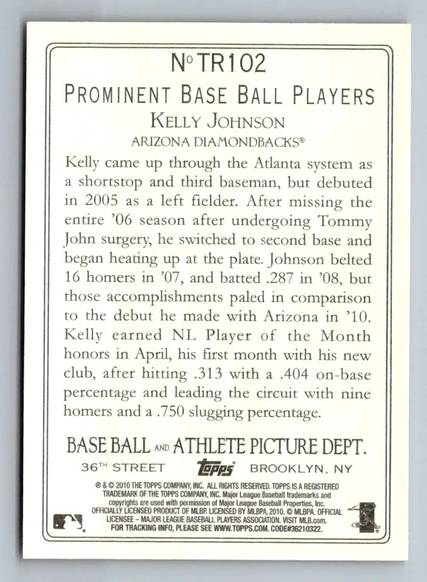 Baseball card back of 2010 Topps Update TR102 Kelly Johnson Turkey Red Arizona Diamondbacks