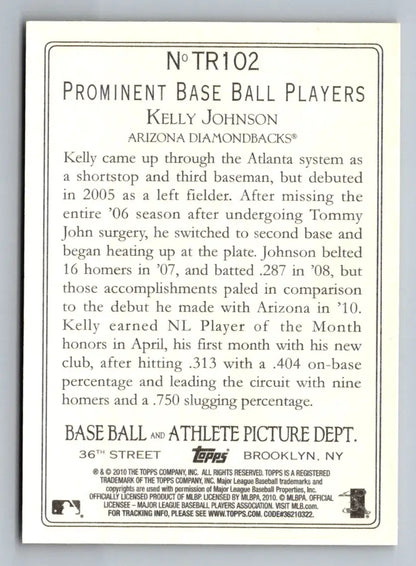 Baseball card back of 2010 Topps Update TR102 Kelly Johnson Turkey Red Arizona Diamondbacks
