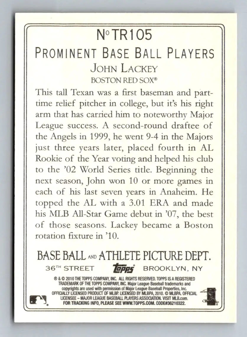 Baseball card back of 2010 Topps Update TR105 John Lackey Turkey Red Boston Red Sox