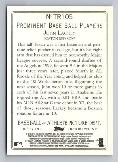 Baseball card back of 2010 Topps Update TR105 John Lackey Turkey Red Boston Red Sox