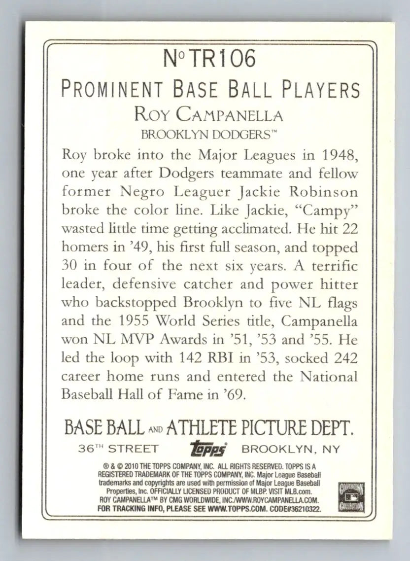 Back of 2010 Topps Update TR106 Roy Campanella Turkey Red baseball card